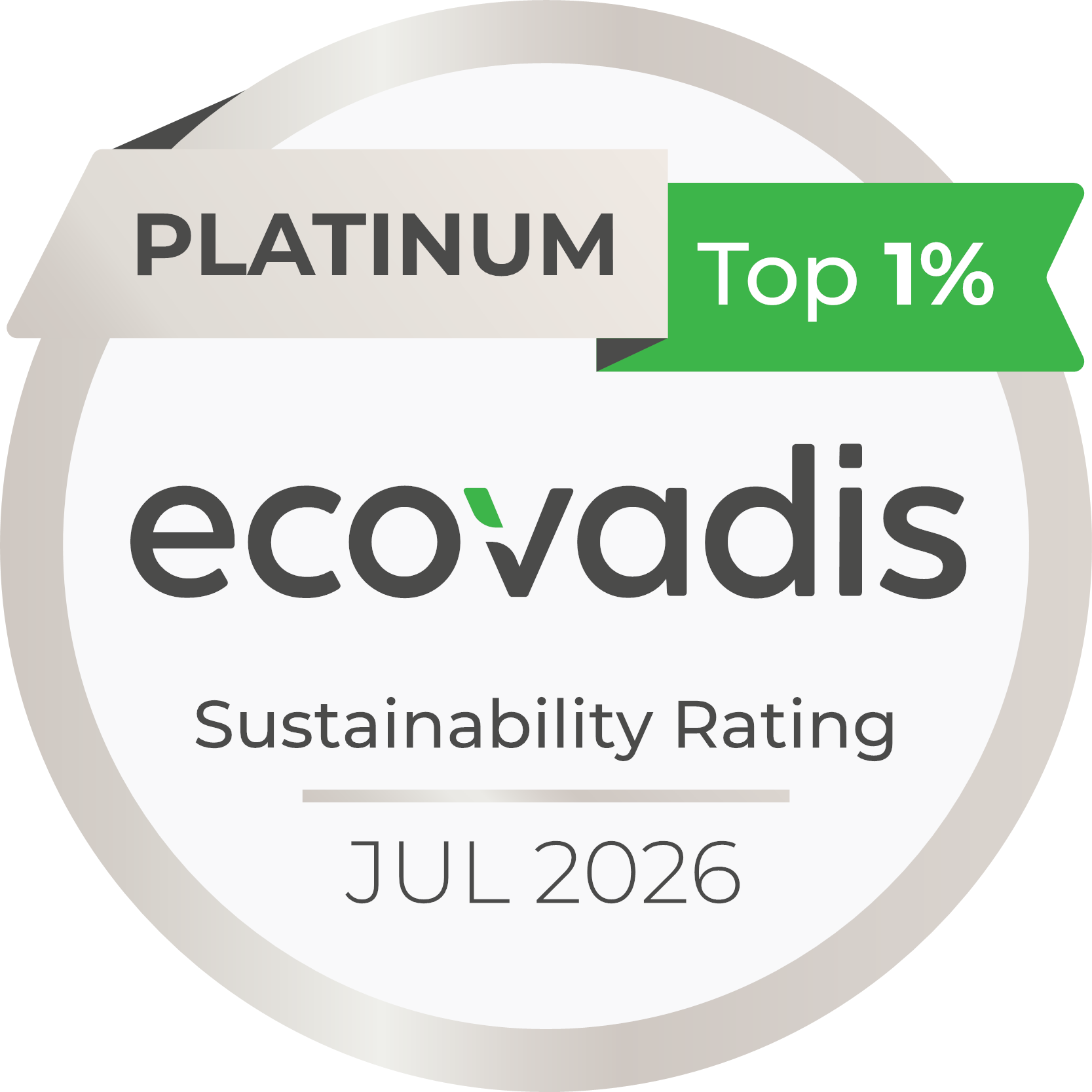 Platinum Medal for being among the top 1% of companies assessed by EcoVadis. Valid until July 2027.